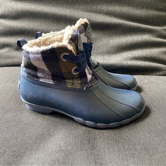 NEW Sperry Topsider Saltwater Blue Checkered Wool Boots Rain Snow Women’s Size 6 - Picture 2 of 9